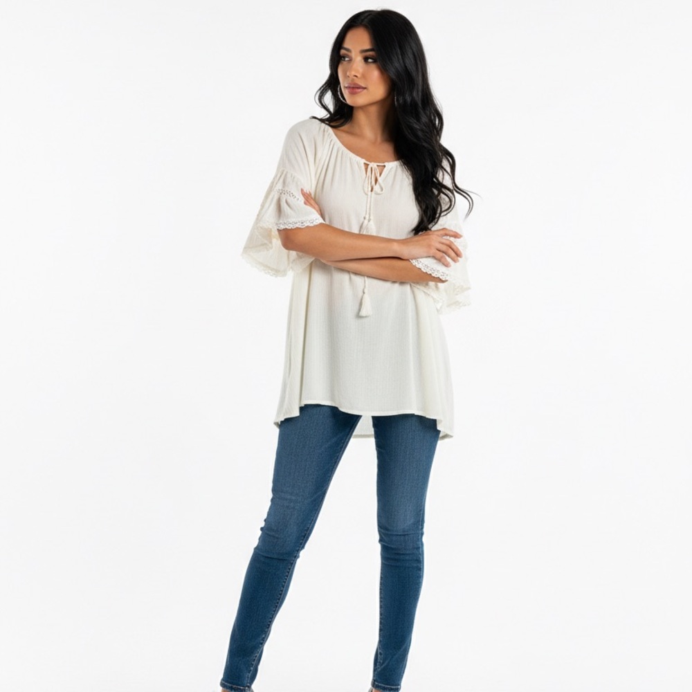 Billabong Cottagecote Coquette Bell Sleeve Women M Tie Front Beach Cover-Up Top